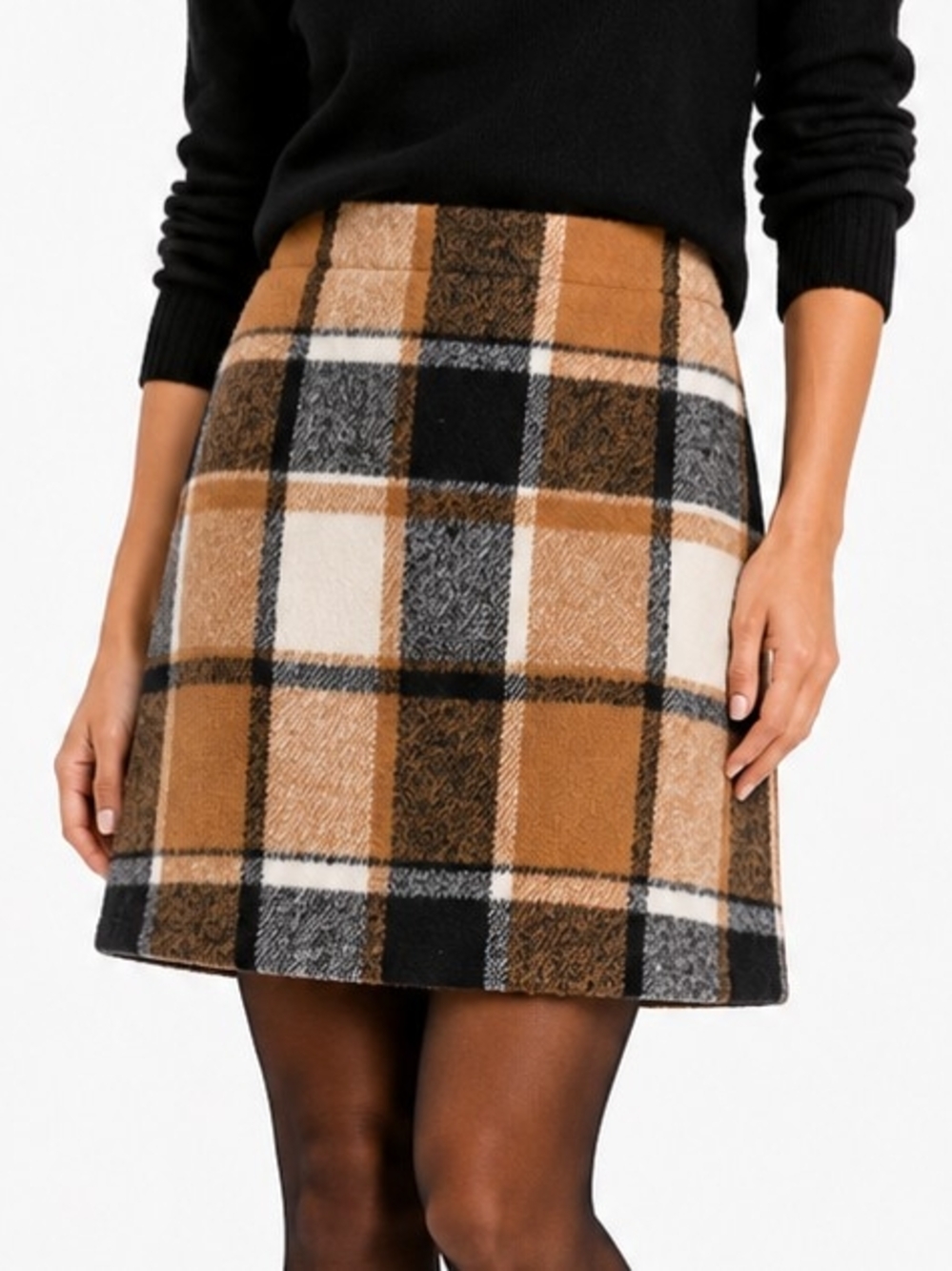Wool-Blend Plaid Skirt in Camel and Black